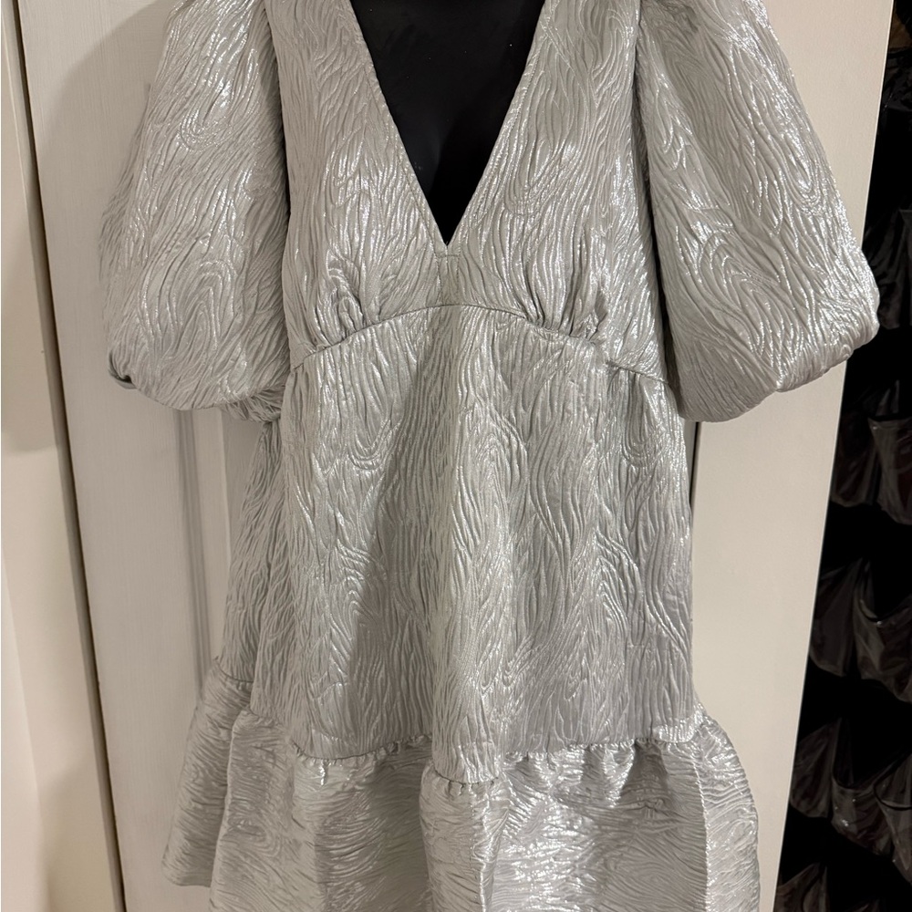 Silver Textured Mini Dress with Puff Sleeves
